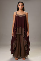 Maroon and Taupe Georgette Square Neck High and Low Layered Asymmetric Hem Detail Co-Ord Set