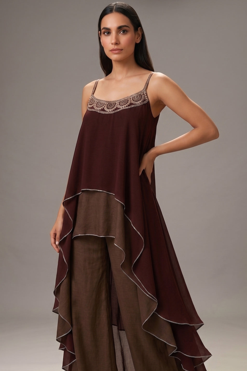 Maroon and Taupe Georgette Square Neck High and Low Layered Asymmetric Hem Detail Co-Ord Set
