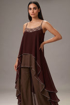 Maroon and Taupe Georgette Square Neck High and Low Layered Asymmetric Hem Detail Co-Ord Set