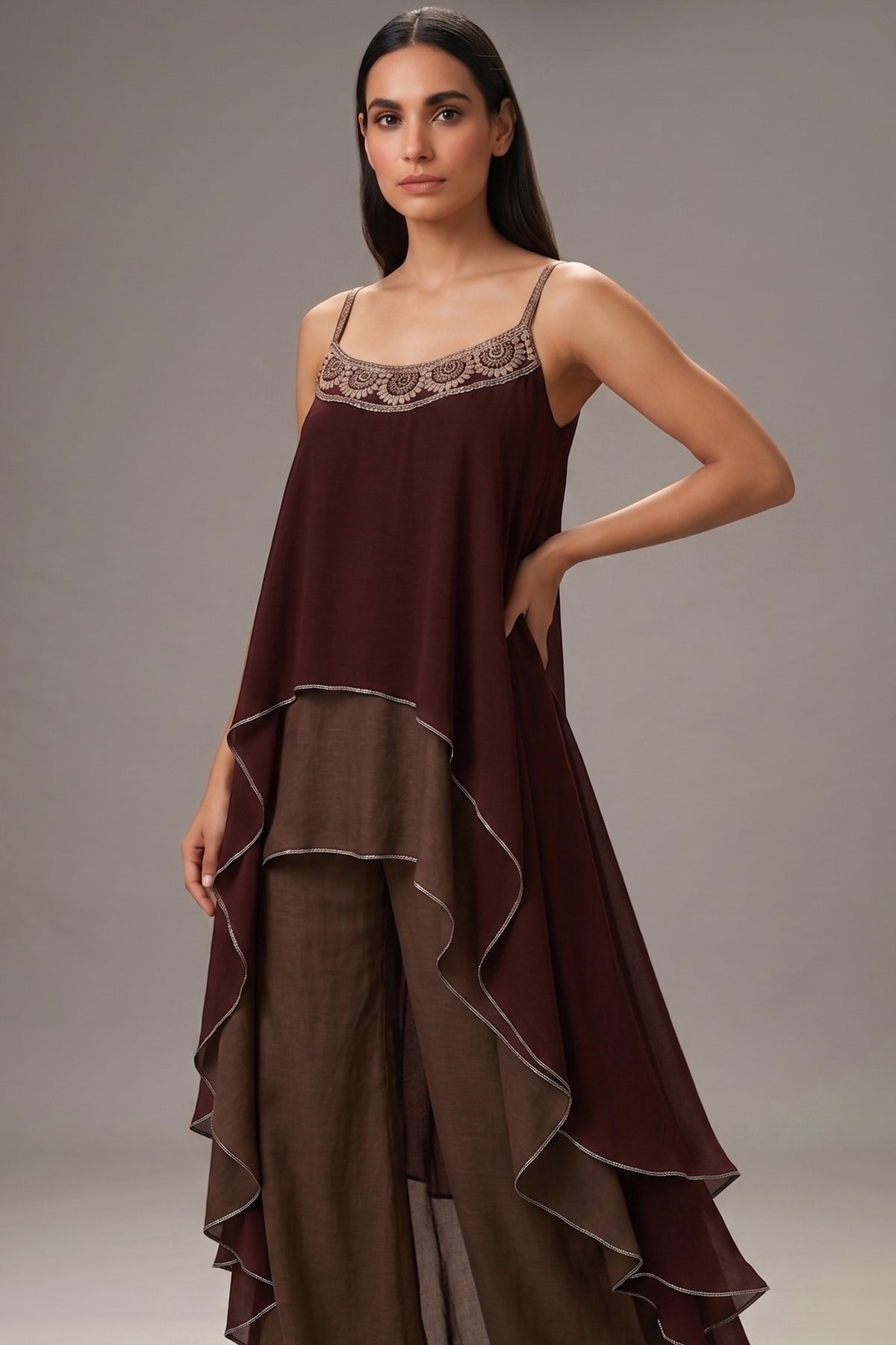 Maroon and Taupe Georgette Square Neck High and Low Layered Asymmetric Hem Detail Co-Ord Set