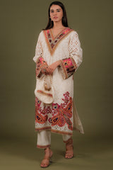 Off White Cotton Straight Cut Printed Suit