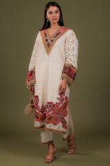 Off White Cotton Straight Cut Printed Suit