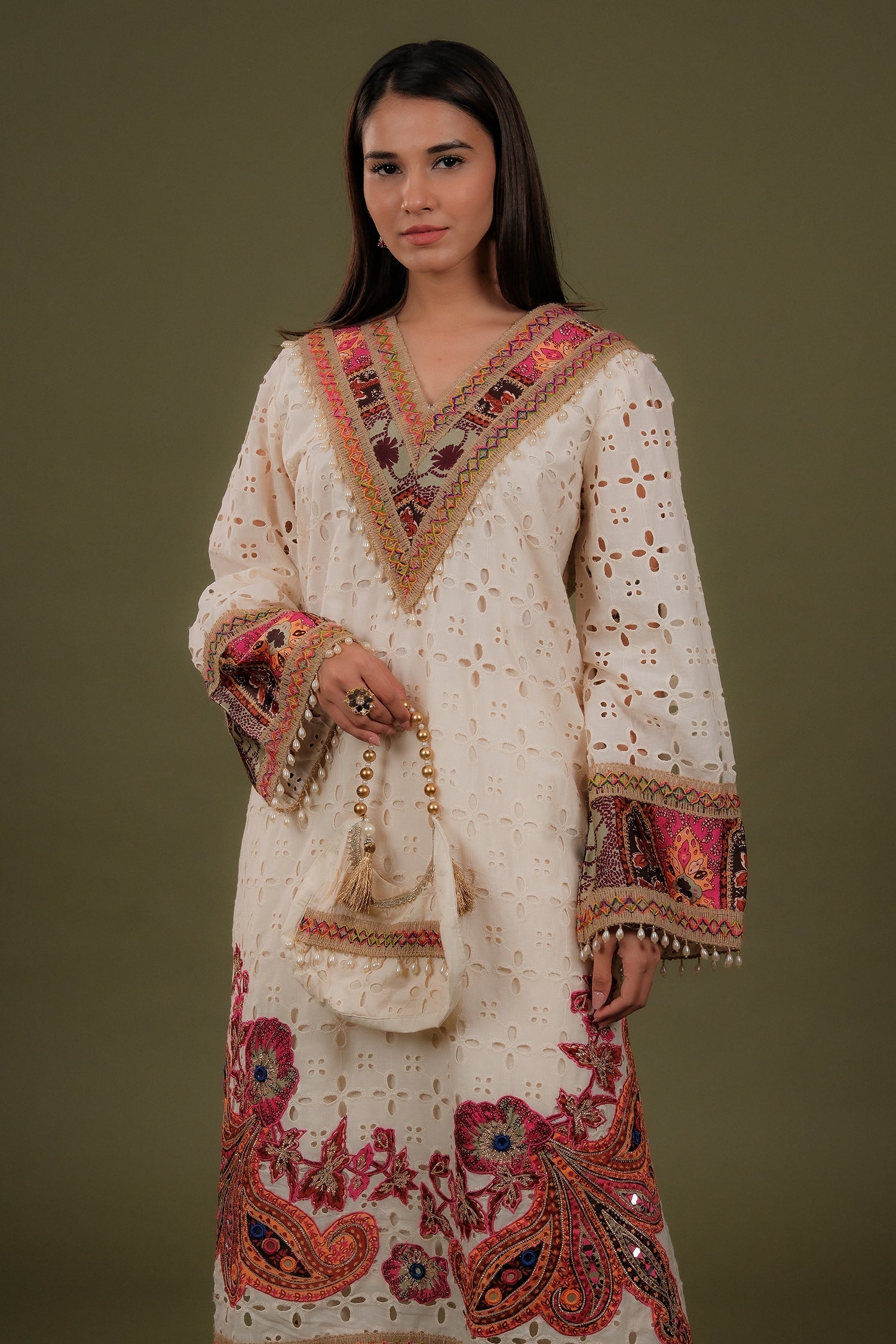 Off White Cotton Straight Cut Printed Suit