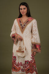 Off White Cotton Straight Cut Printed Suit