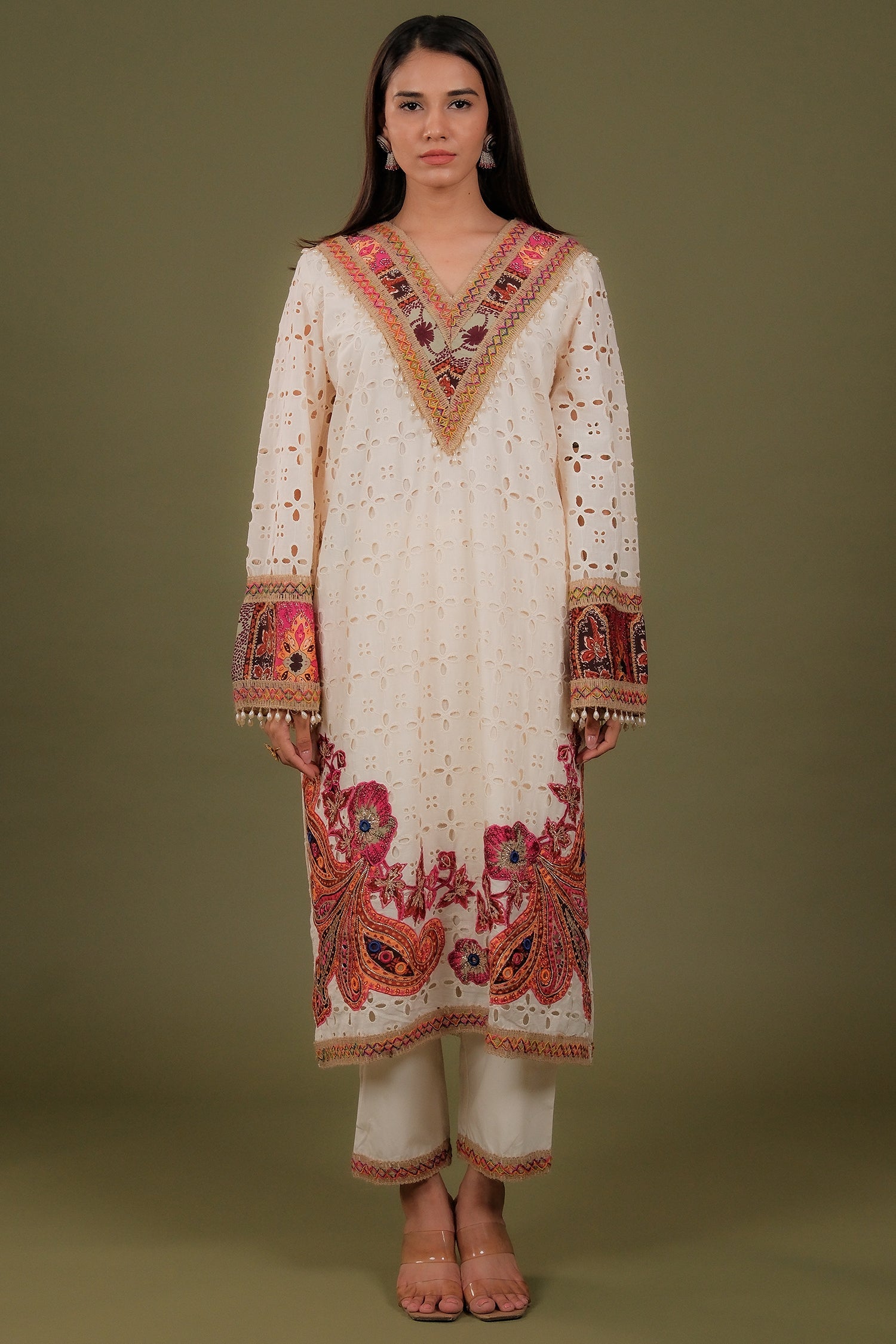 Off White Cotton Straight Cut Printed Suit