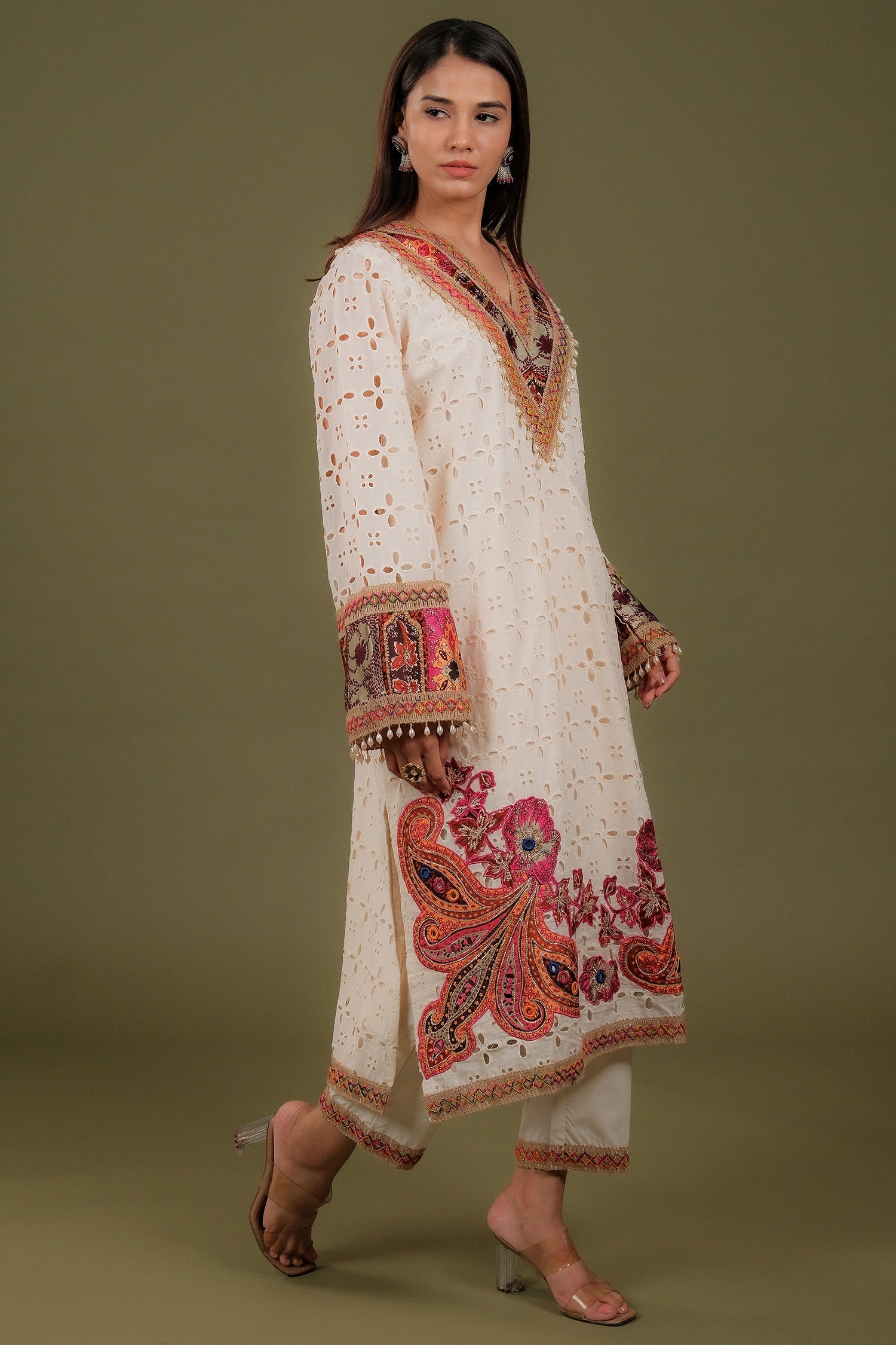 Off White Cotton Straight Cut Printed Suit