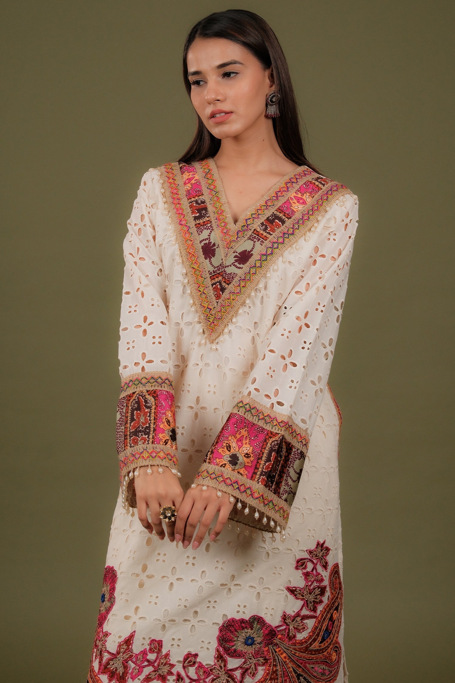 Off White Cotton Straight Cut Printed Suit
