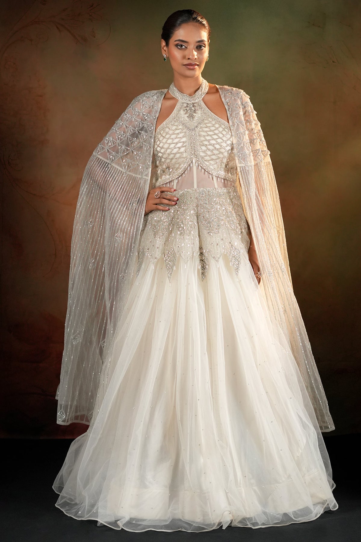 Off White Net Designer Halter Neck Anarkali Suit with Cape Jacket