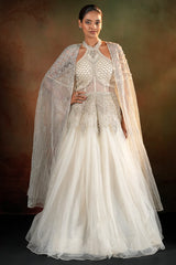 Off White Net Designer Halter Neck Anarkali Suit with Cape Jacket