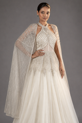 Off White Net Designer Halter Neck Anarkali Suit with Cape Jacket