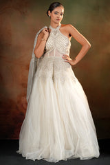 Off White Net Designer Halter Neck Anarkali Suit with Cape Jacket