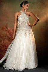 Off White Net Designer Halter Neck Anarkali Suit with Cape Jacket