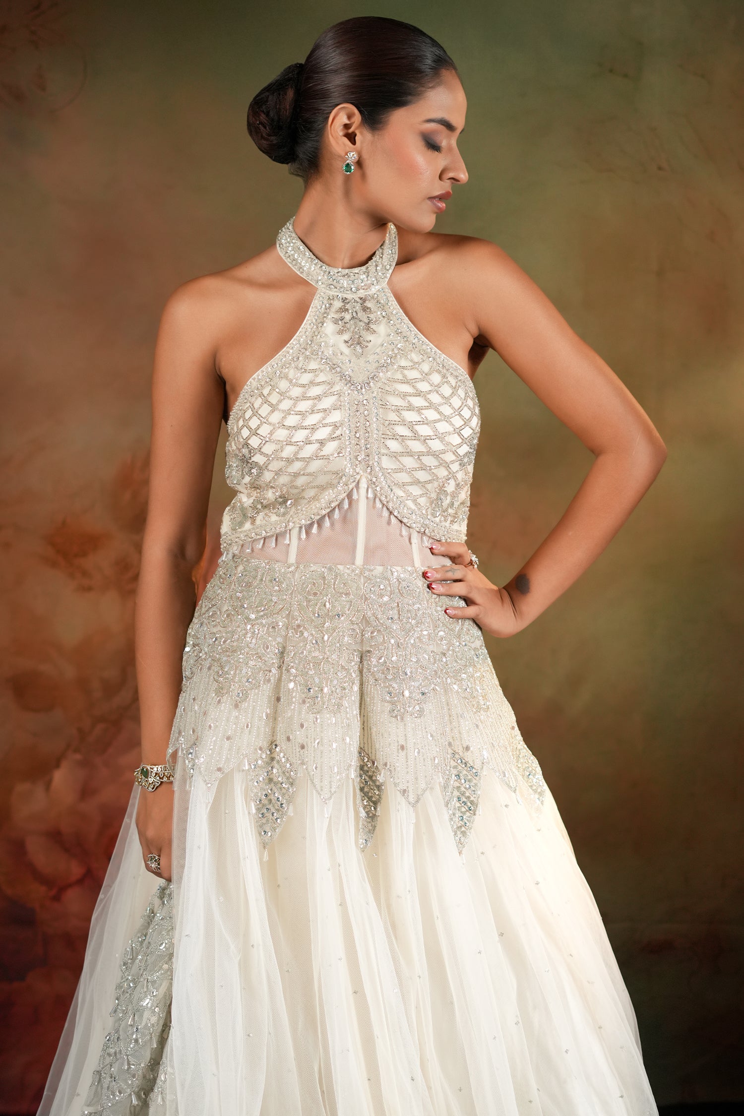 Off White Net Designer Halter Neck Anarkali Suit with Cape Jacket