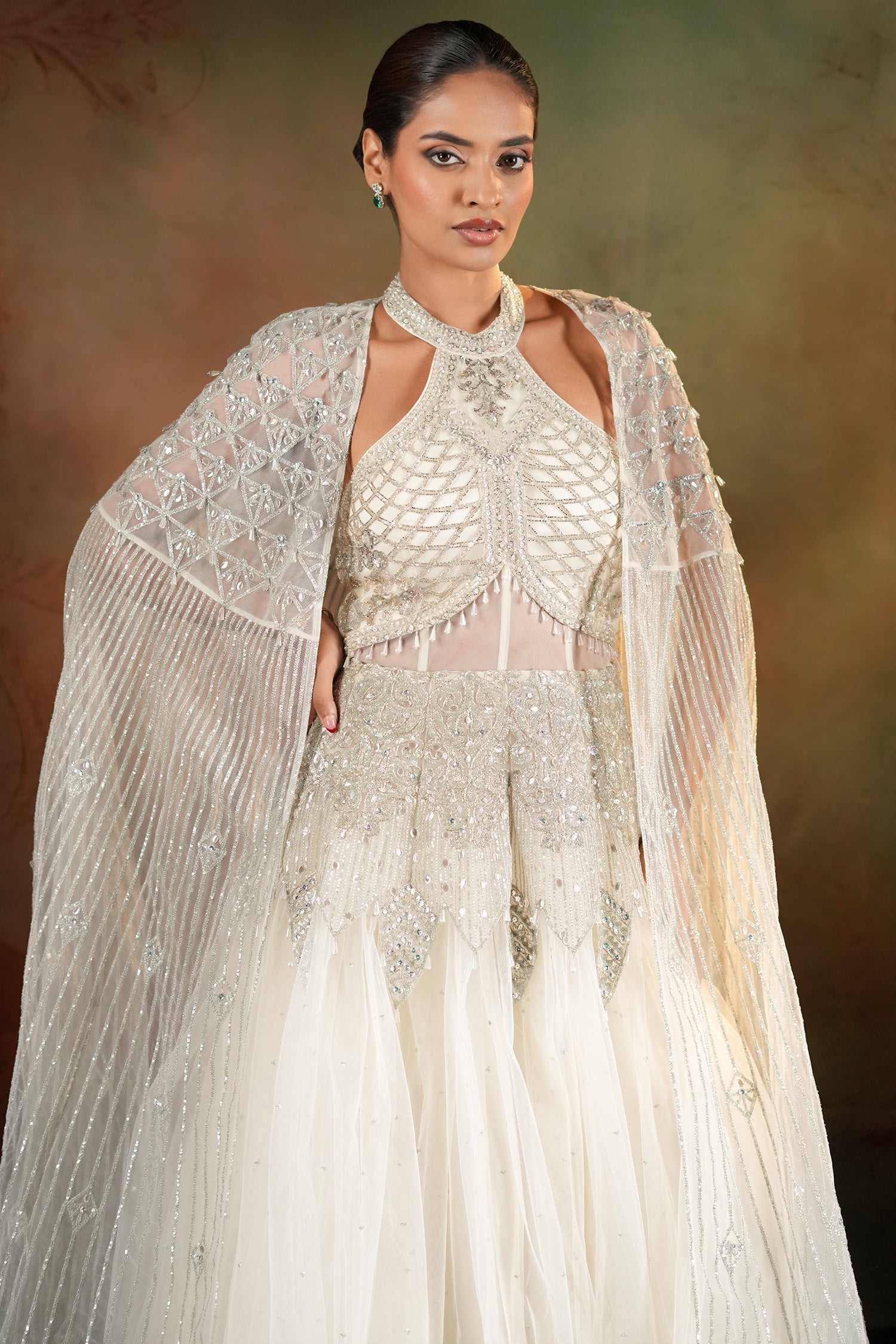 Off White Net Designer Halter Neck Anarkali Suit with Cape Jacket