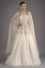 Off White Net Designer Halter Neck Anarkali Suit with Cape Jacket