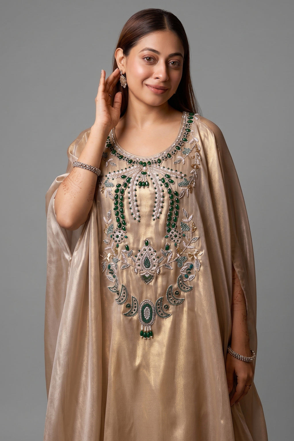 Light Beige Pearl Worked Tissue Cape Style Palazzo Set