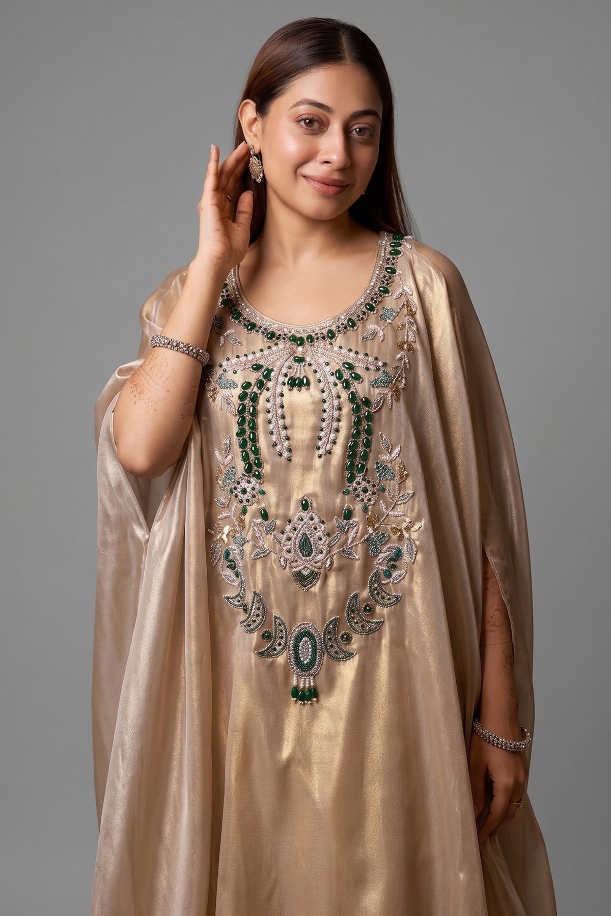 Light Beige Pearl Worked Tissue Cape Style Palazzo Set