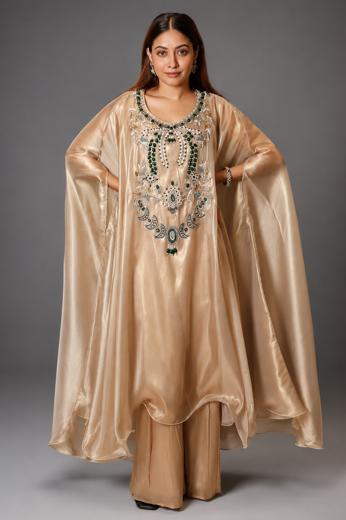 Light Beige Pearl Worked Tissue Cape Style Palazzo Set
