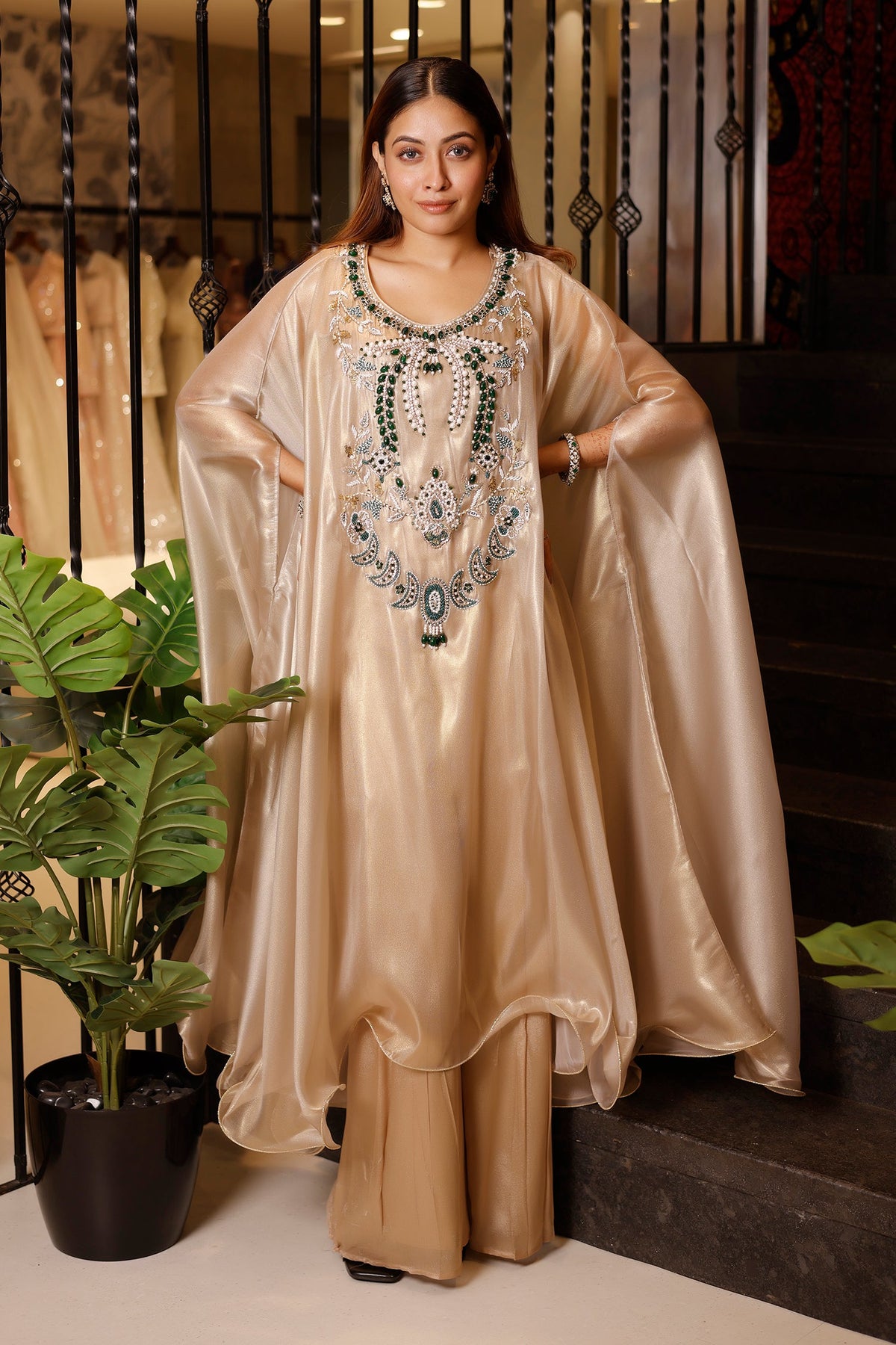 Light Beige Pearl Worked Tissue Cape Style Palazzo Set
