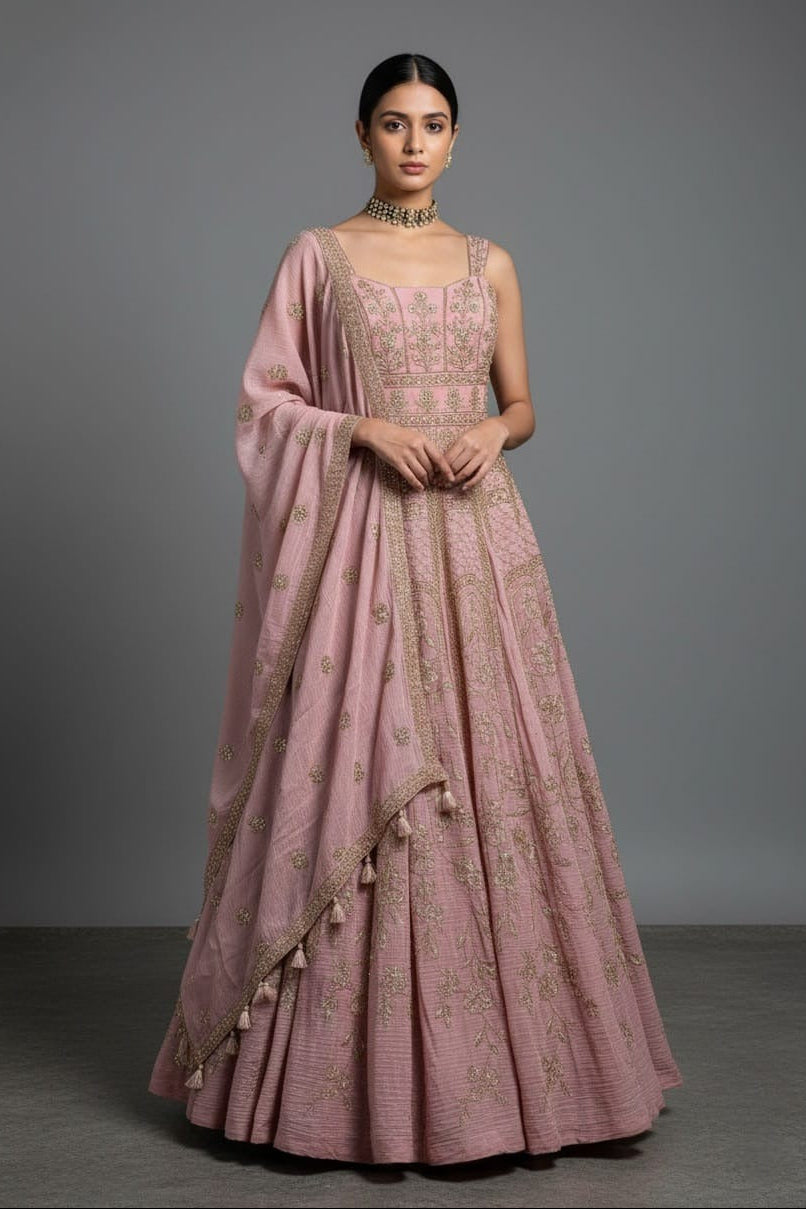 Onion Pink Embroidered Anarakli Suit with Dupatta in Mul Chanderi