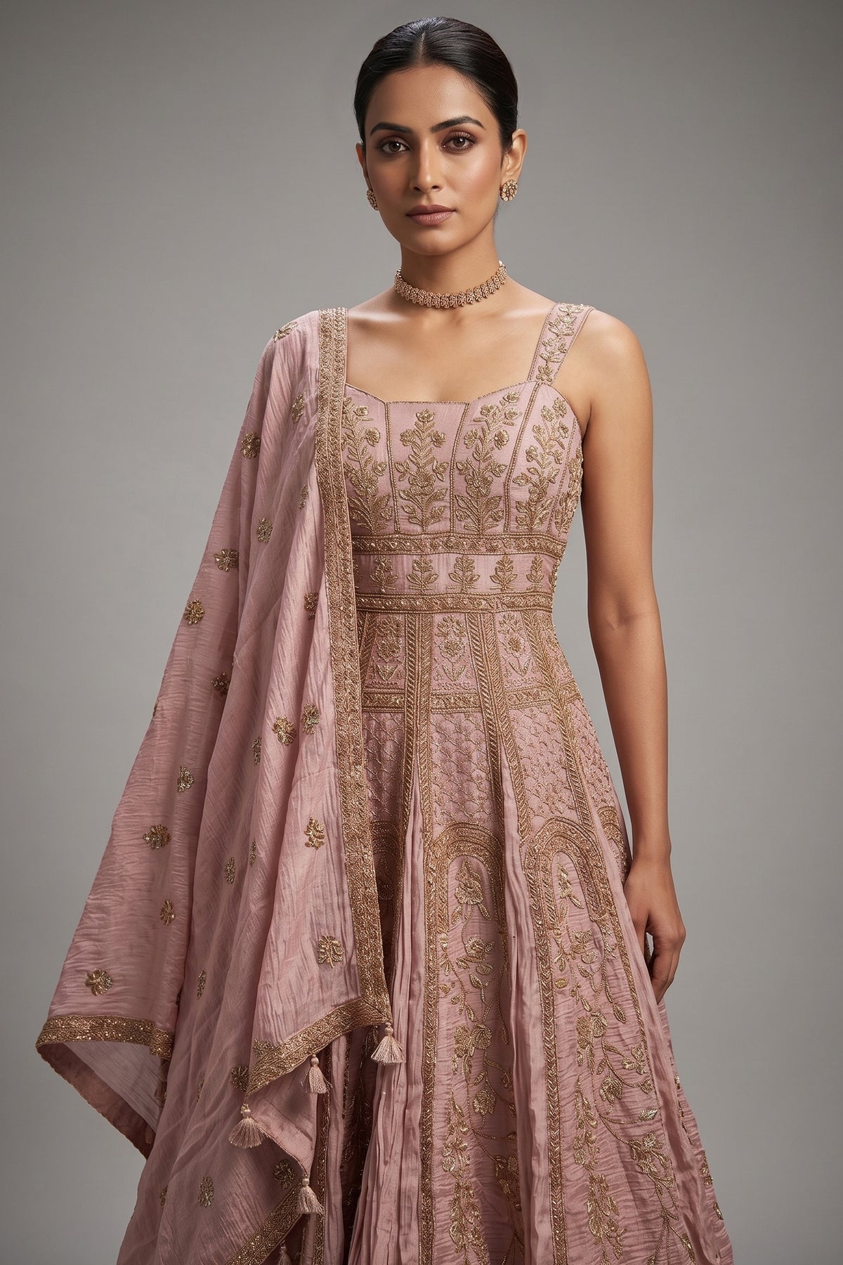 Onion Pink Embroidered Anarakli Suit with Dupatta in Mul Chanderi