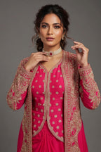 Pink Raw Silk Designer Heavy Worked Crop Top Jacket with Pleated Dhoti Skirt