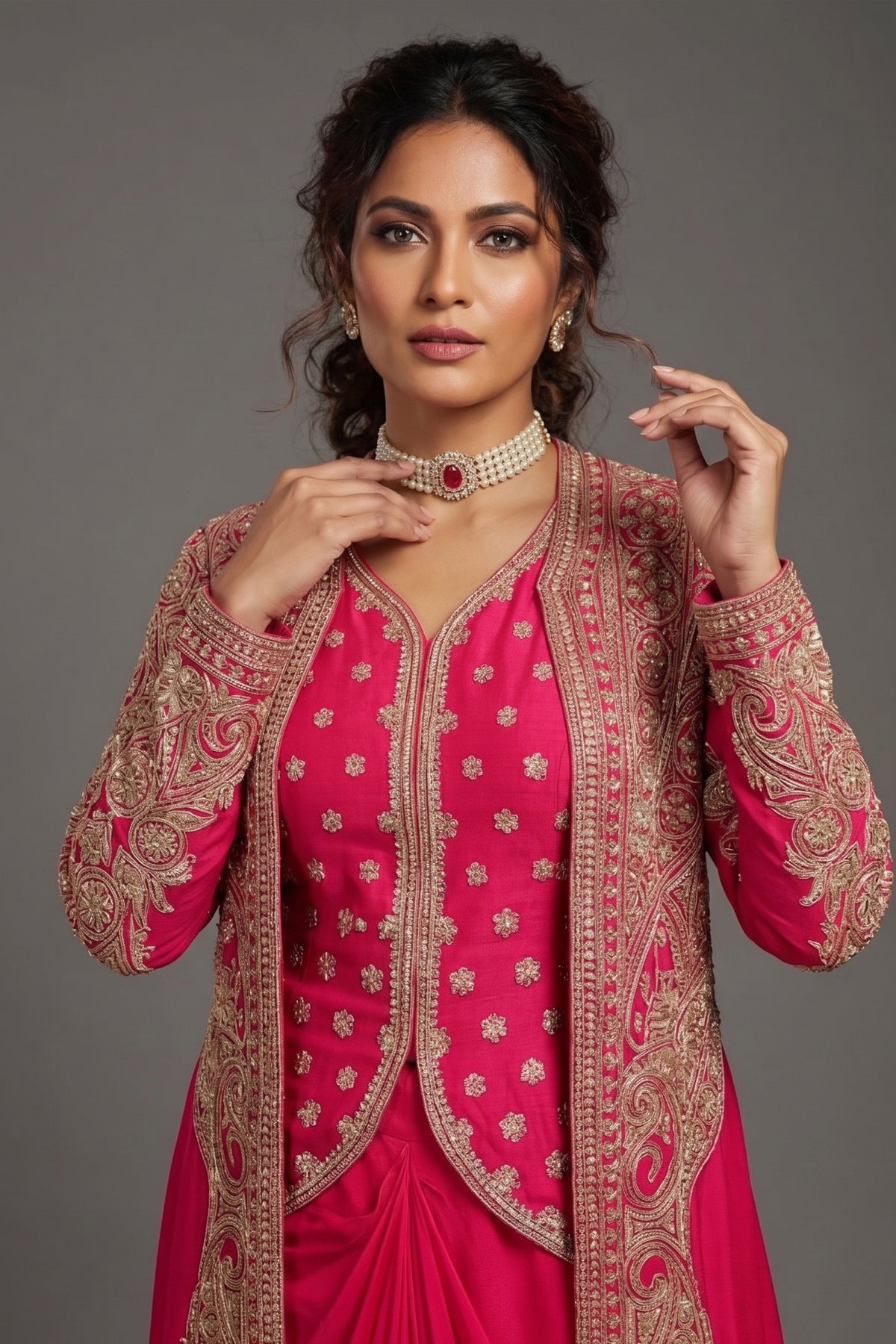 Pink Raw Silk Designer Heavy Worked Crop Top Jacket with Pleated Dhoti Skirt