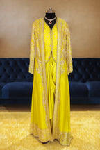 Lime Yellow Raw Silk Designer Heavy Worked Crop Top Jacket with Pleated Dhoti Skirt