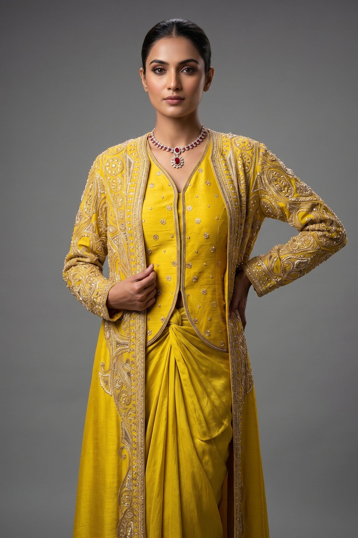 Lime Yellow Raw Silk Designer Heavy Worked Crop Top Jacket with Pleated Dhoti Skirt