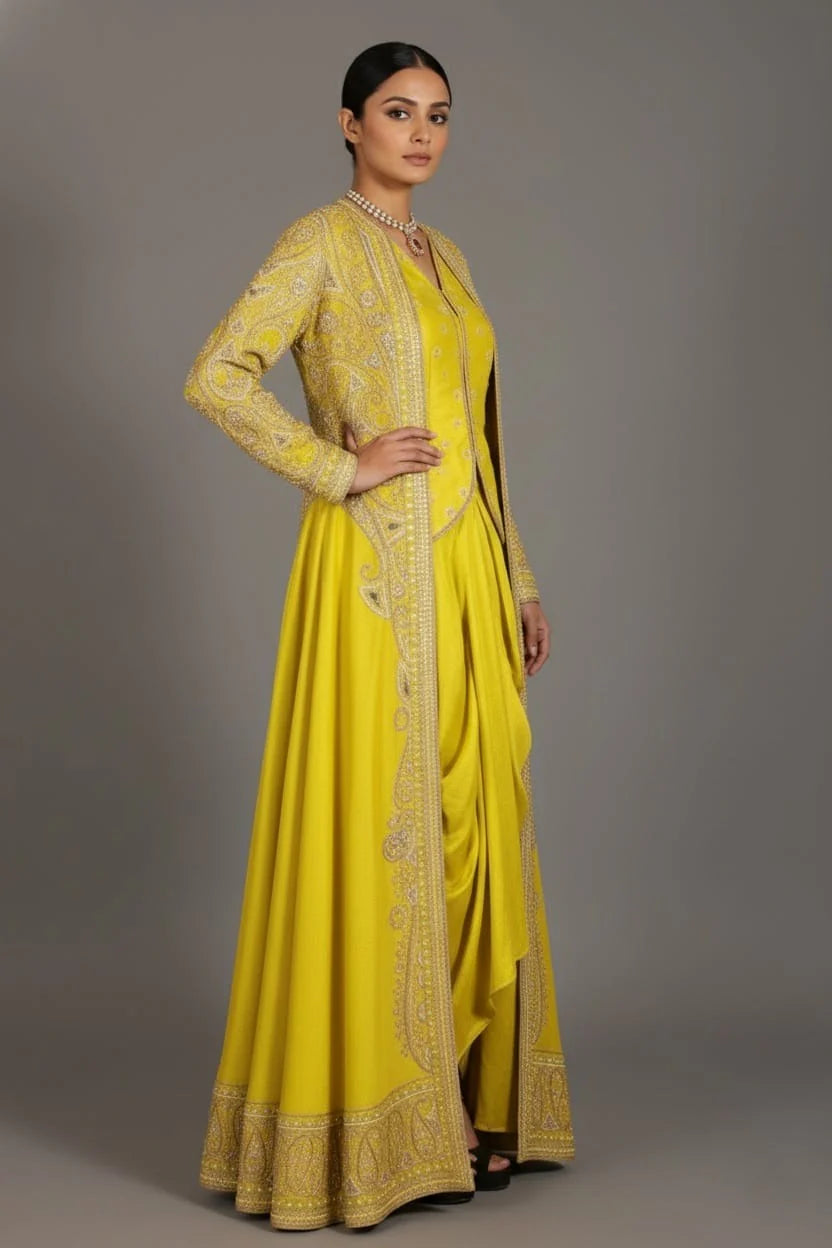 Lime Yellow Raw Silk Designer Heavy Worked Crop Top Jacket with Pleated Dhoti Skirt