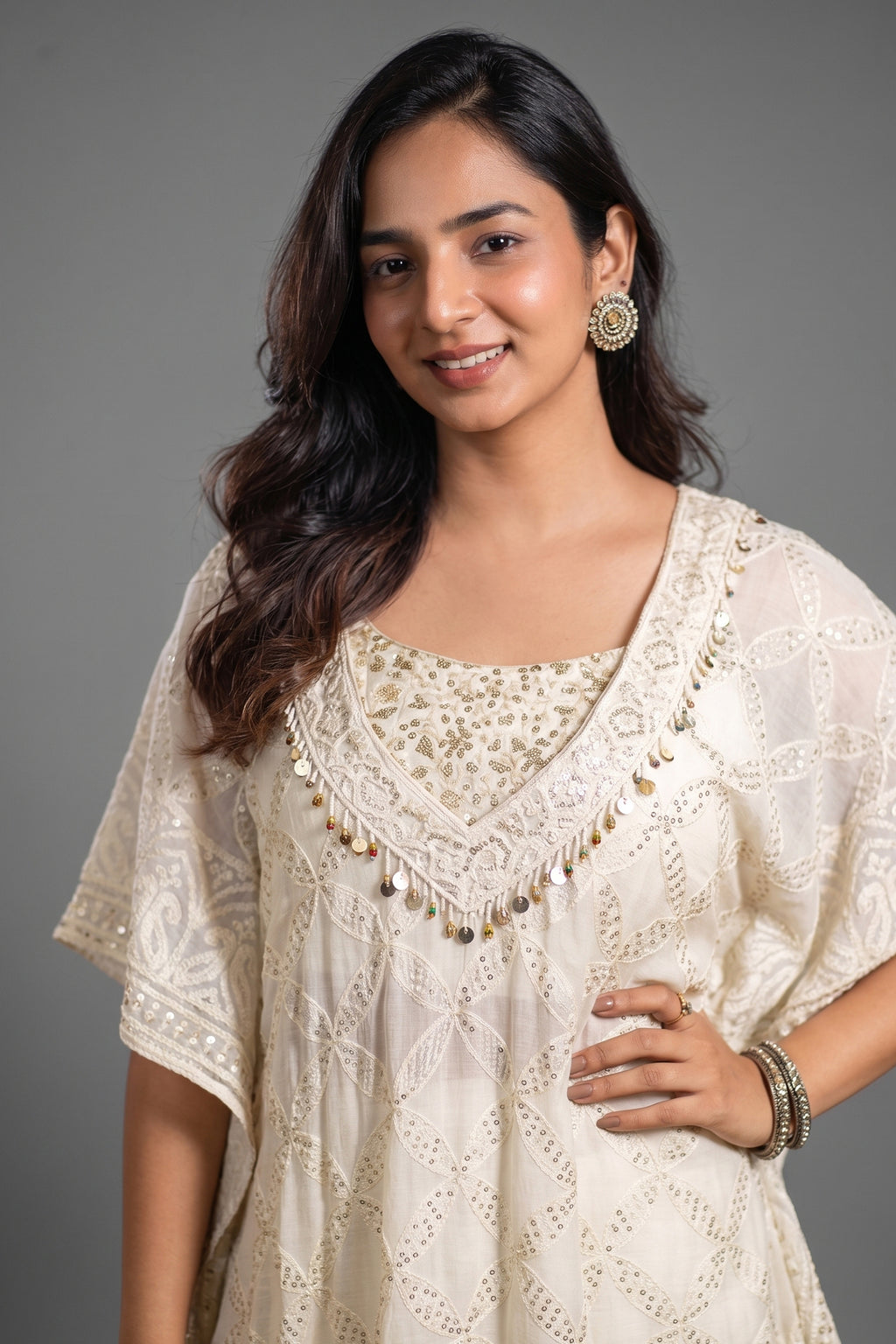 Off White Georgette Lucknowi Sequin Worked Kaftan Set