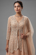 Beige Net Embellished Sequin Cutdana Worked Slit Cut Peplum Top with Lehenga