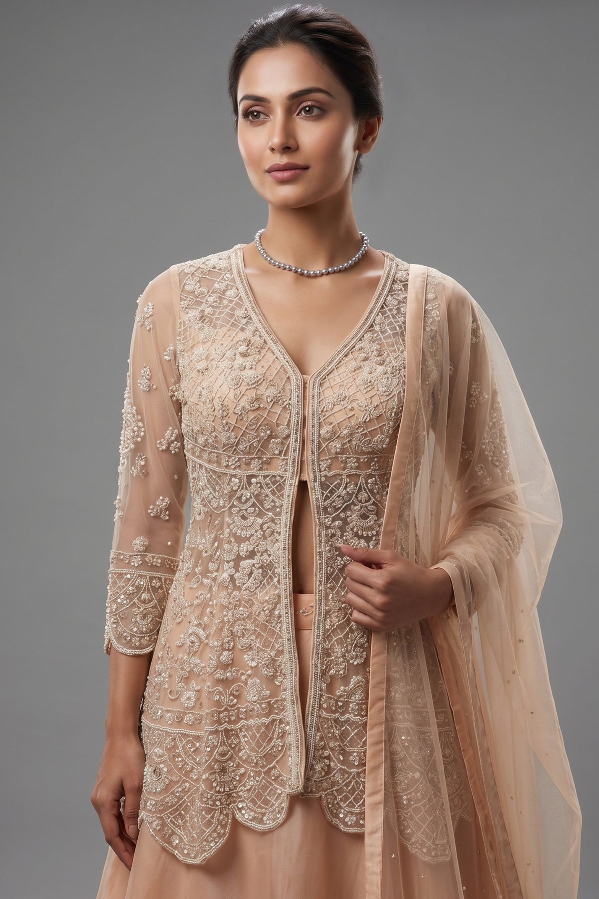 Beige Net Embellished Sequin Cutdana Worked Slit Cut Peplum Top with Lehenga