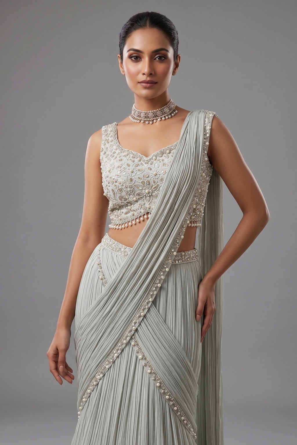 Light Mint Green Satin Embellished Crop Top Lehenga Set with Attached Dupatta and Long Shurg