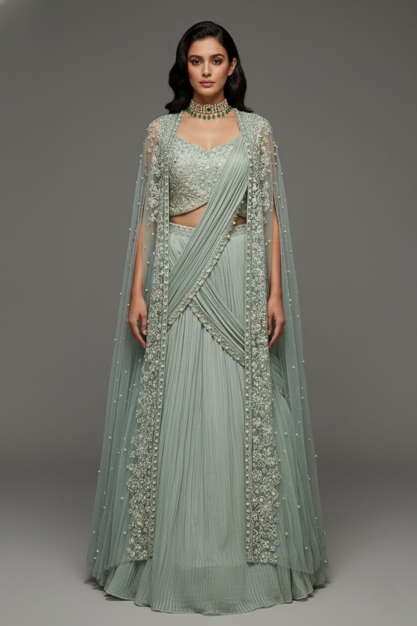 Light Mint Green Satin Embellished Crop Top Lehenga Set with Attached Dupatta and Long Shurg