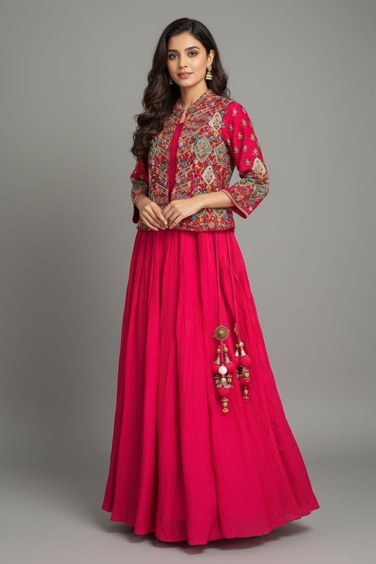 Pink Silk Floral Embroidered Top and Lehenga Set