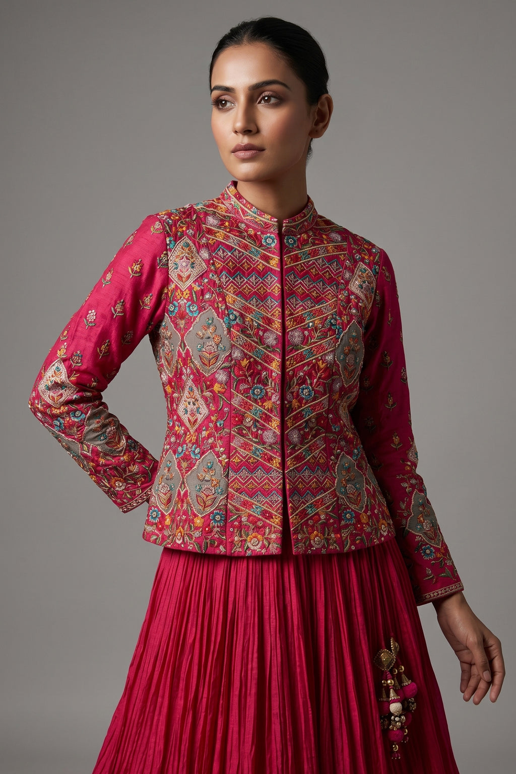 Pink Silk Floral Embroidered Top and Lehenga Set