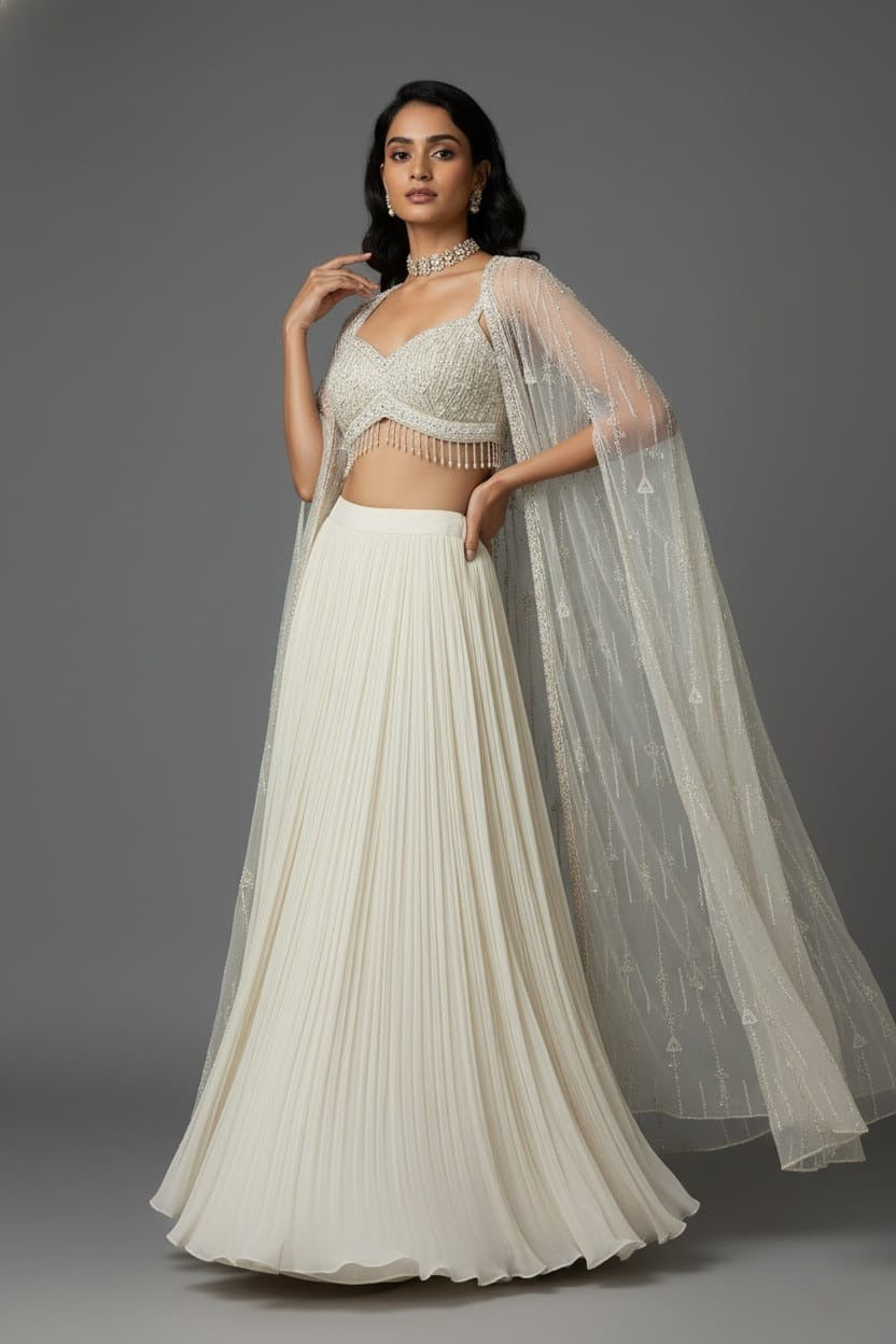 Ivory White Net Embellished Crop Top Lehenga with Long Shrug