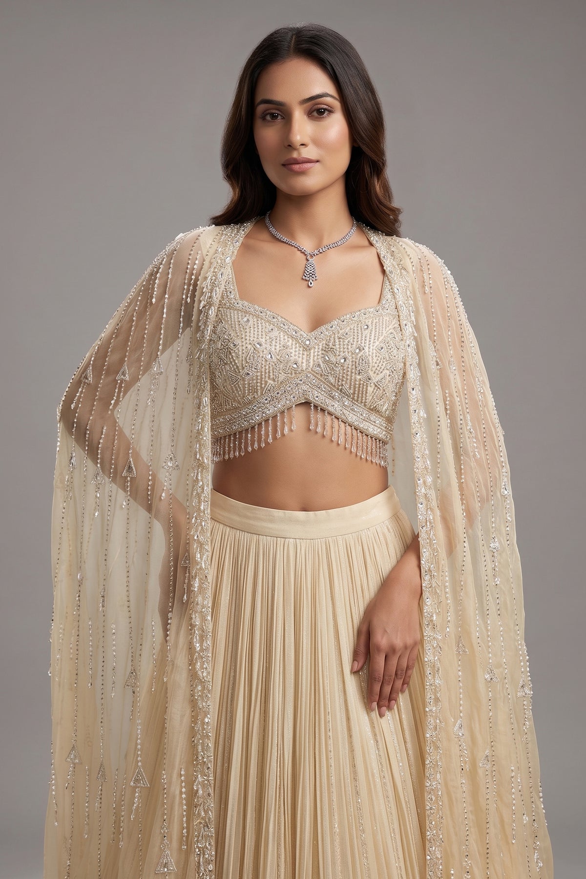 Ivory White Net Embellished Crop Top Lehenga with Long Shrug