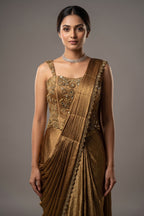 Golden Satin Embroidered Draped Saree Dress
