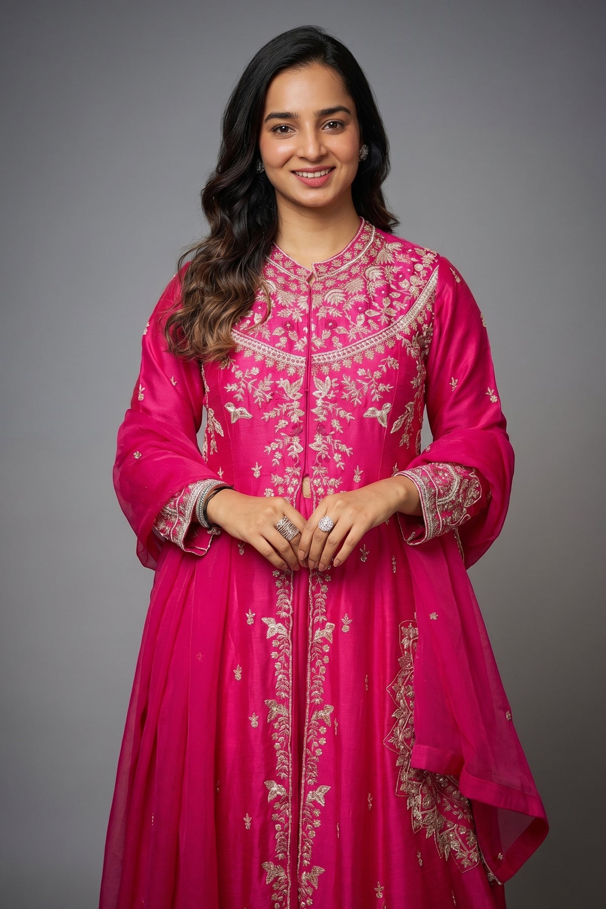 Pink Raw Silk Beaded High Slit Cut Palazzo Suit