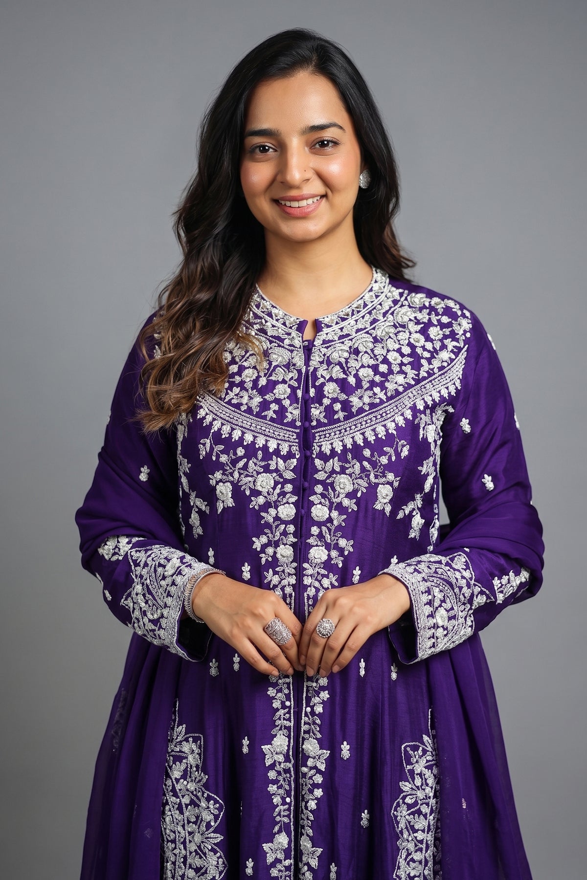 Violet Purple Raw Silk High Slit Cut Beaded Palazzo Suit