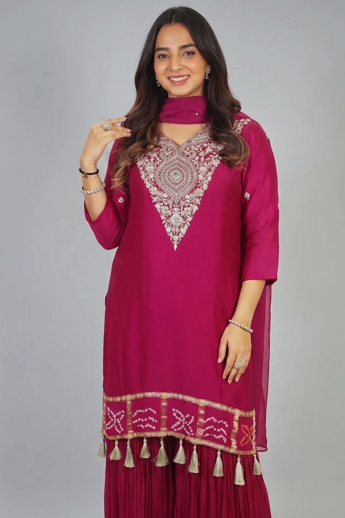 Magenta Gaji Silk Zardosi Sequin Worked Sharara Suit