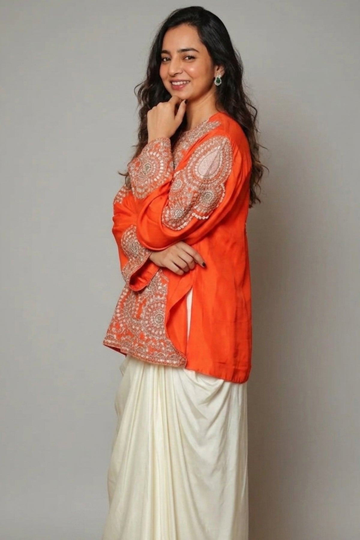 Orange Raw Silk Beaded and Gota Work Cape Top and Dhoti Skirt Set