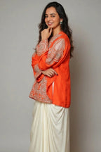 Orange Raw Silk Beaded and Gota Work Cape Top and Dhoti Skirt Set