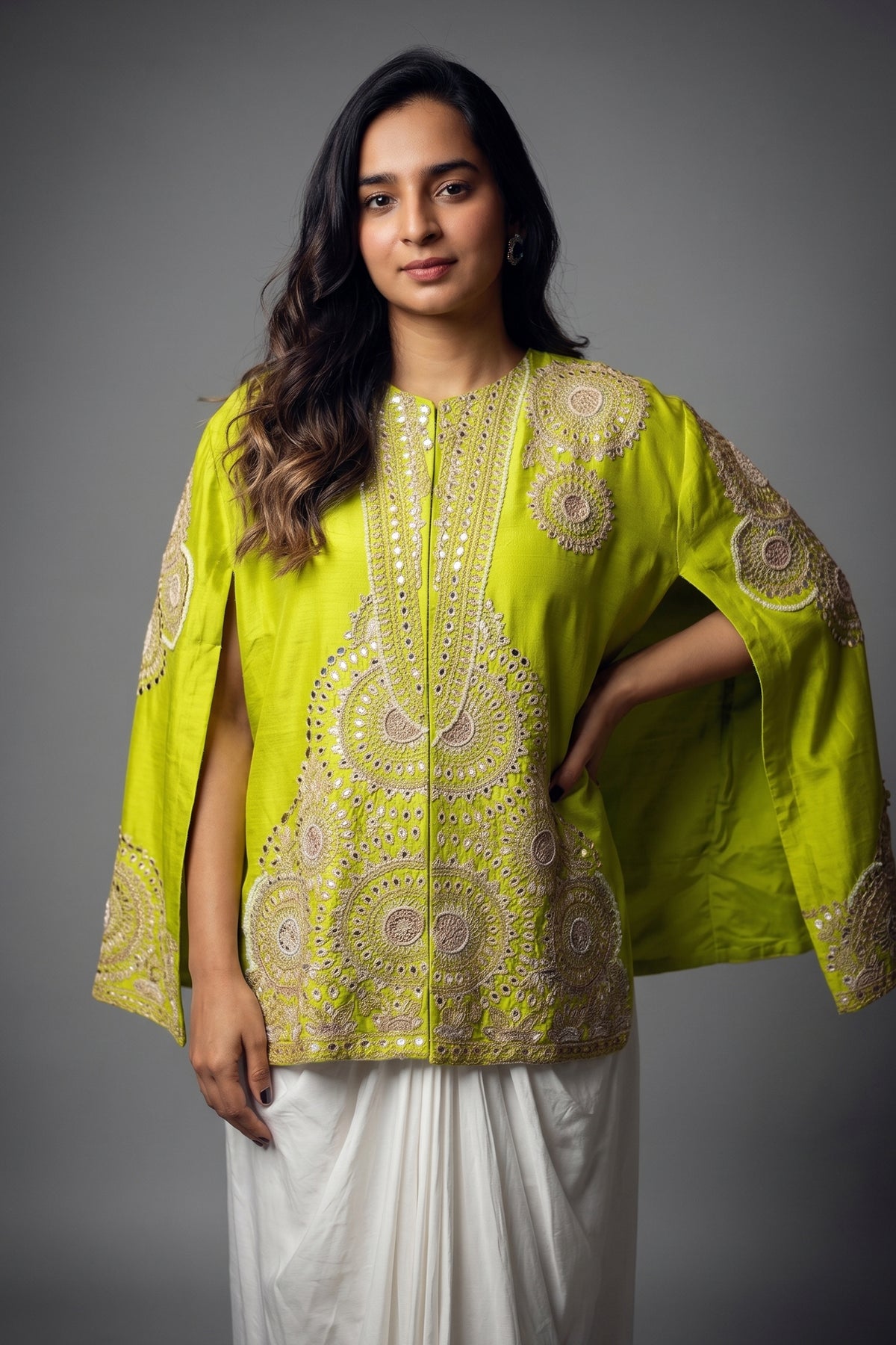 Parrot Green Raw Silk Beaded and Gota Work Cape Top and Dhoti Skirt Set