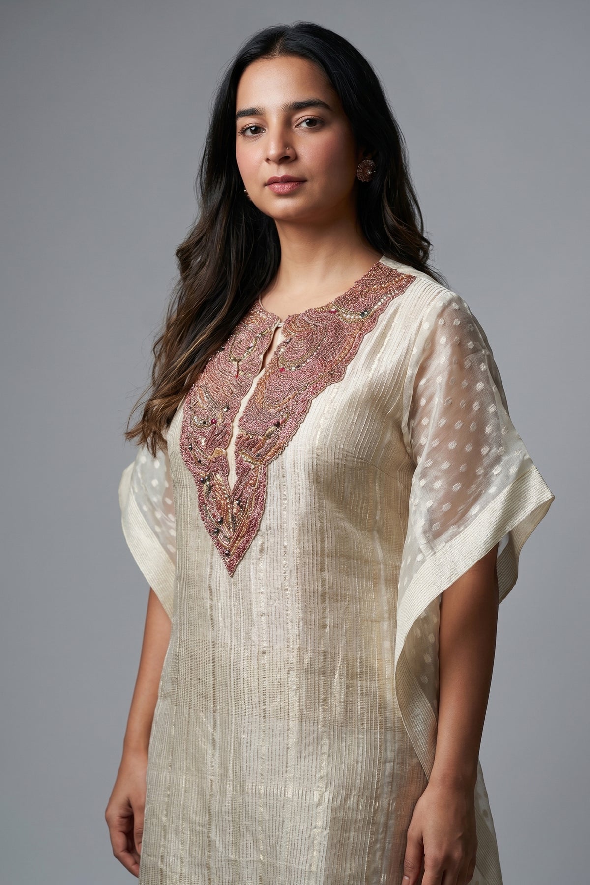 Ivory Beige Tissue Woven Stripes Kaftan Set with Beads and Embroidery Work