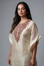 Ivory Beige Tissue Woven Stripes Kaftan Set with Beads and Embroidery Work