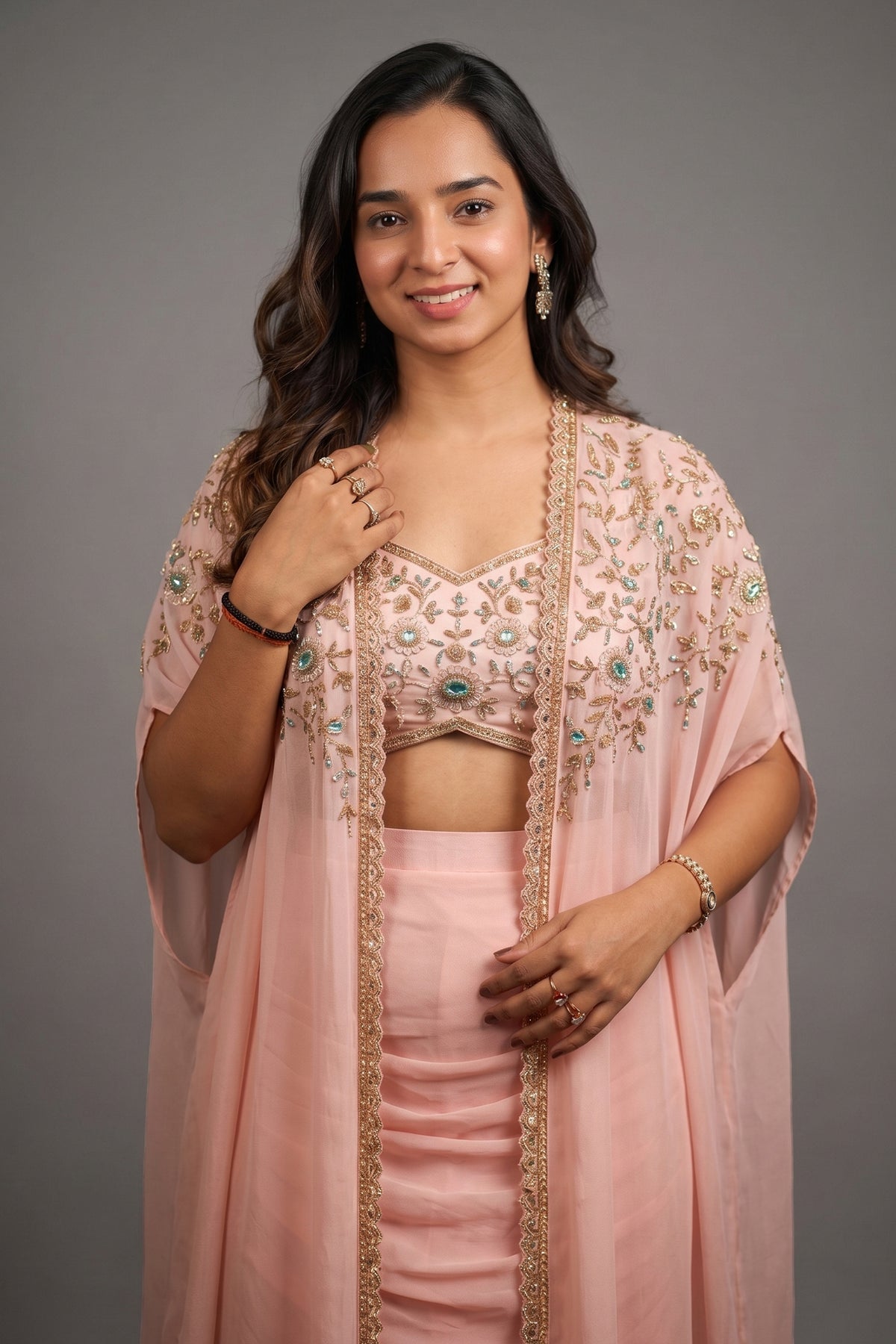 Baby Pink Silk Sequin Cutdana Crop Top Draped Skirt Set with Cape Jacket