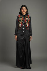 Black Satin Crepe Embellished Statement Shirt with Dhoti Skirt